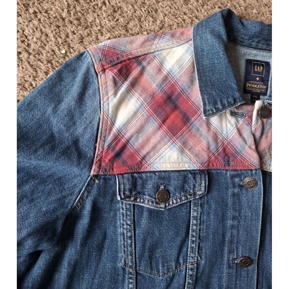 Women's GAP & PENDLETON Denim Jean Jacket Size XXL Blue & Red Plaid Y2K - Picture 6 of 7